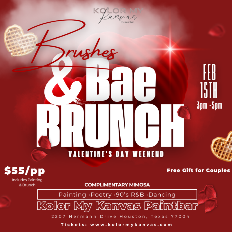 Valentine's brunch event poster: Brushes & Bae, Feb 15, 3-5pm, $55/pp, painting, poetry, dance, Kolor My Kanvas.
