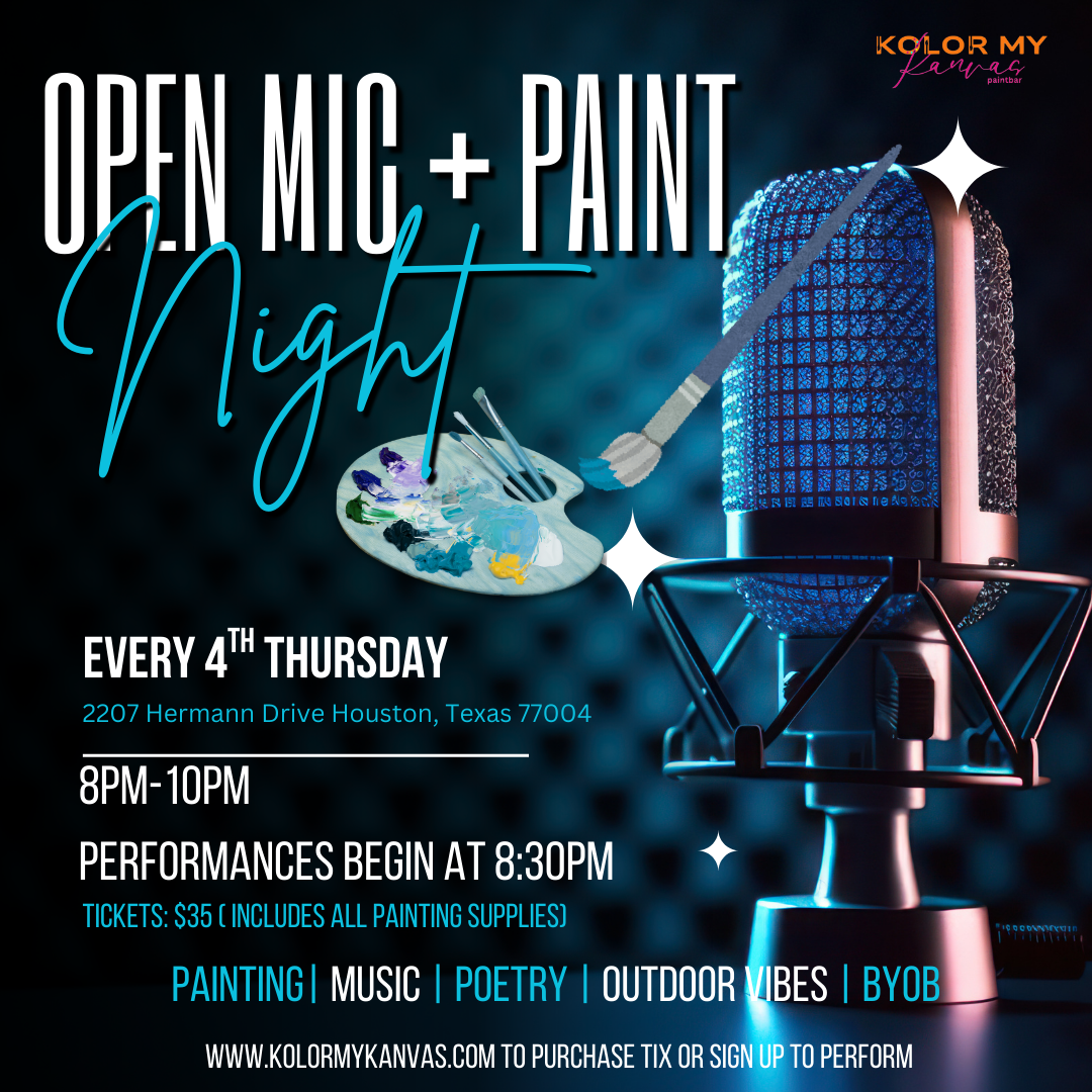 Flyer for Open Mic + Paint Night with microphone and paint supplies, event details included.
