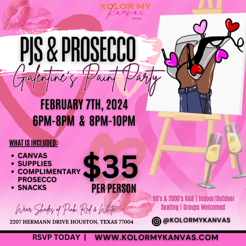 PJS & Prosecco Galentine’s Paint Party flyer with event details and pricing.